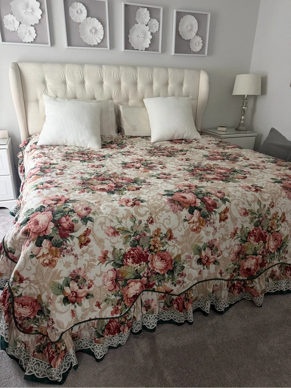 Floral Quilted Bedspread Garden Pink Red Cream Cal King Country Farmhouse